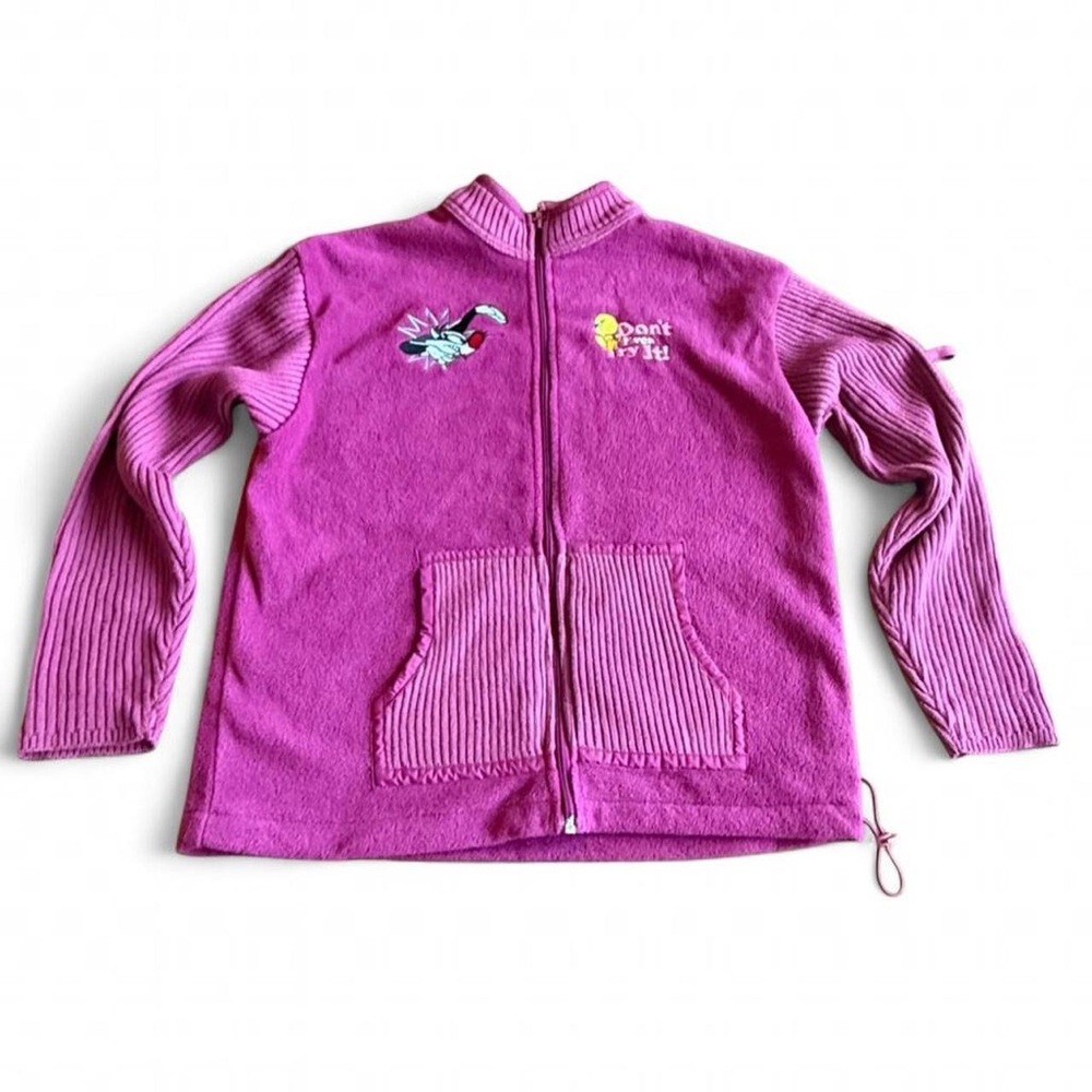 Vintage Looney Tunes Sylvester Tweety Fleece Zip Up Jacket Pink Large RARE